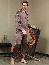 [Coffee] SilkSilky Pure Silk Long Sleeve Lapel Men's Pajamas 005