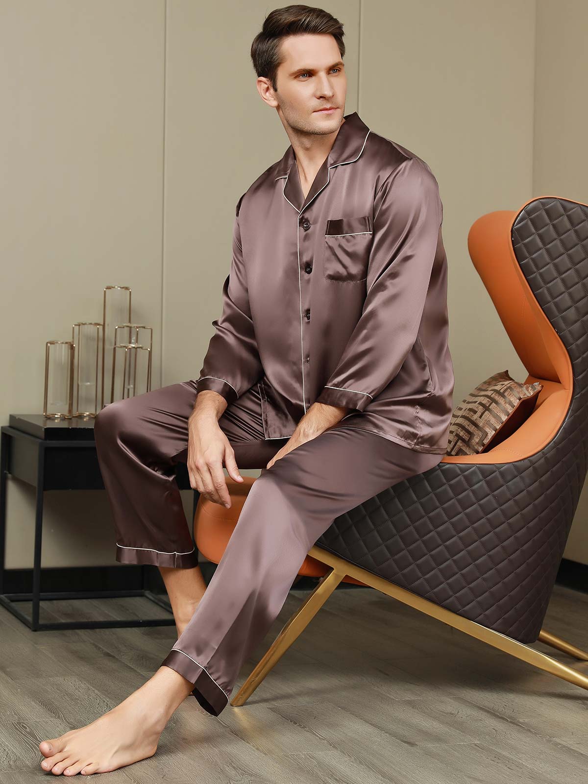 [Coffee] SilkSilky Pure Silk Long Sleeve Lapel Men's Pajamas 006