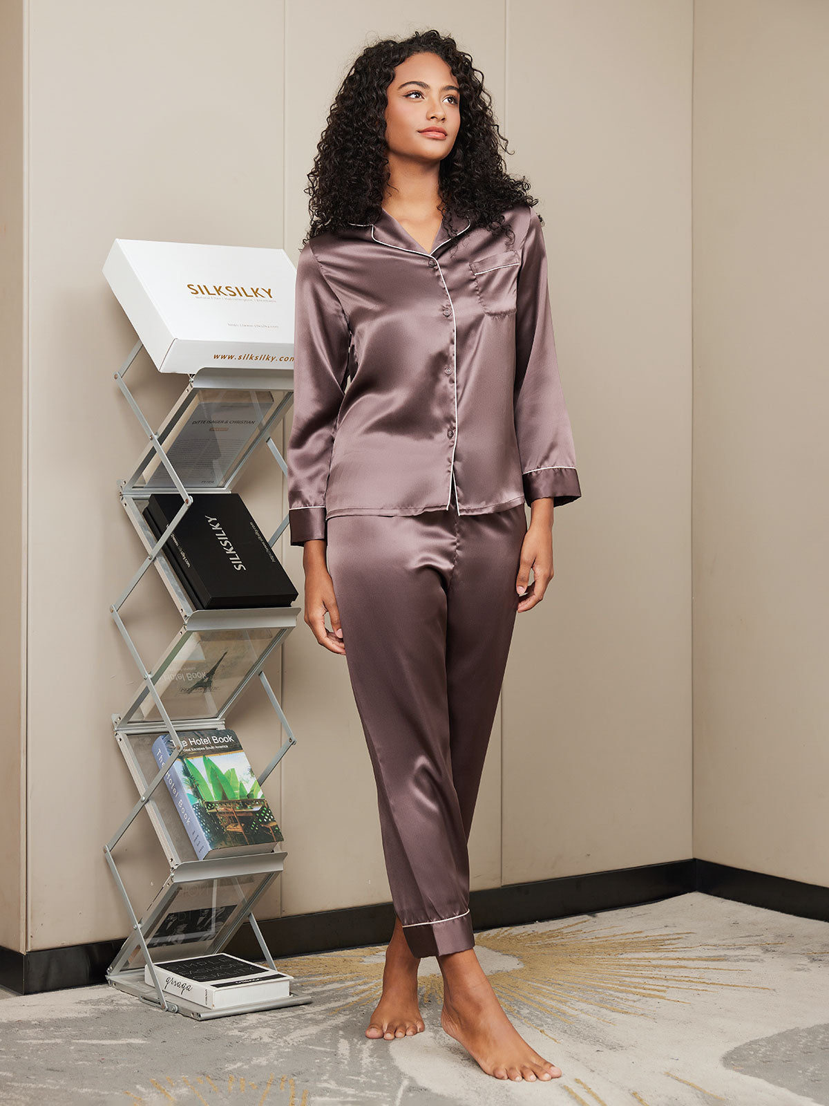 [Coffee] SilkSilky Pure Silk Long Sleeve Lapel Women's Pajamas 005