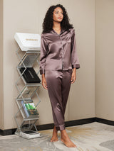 [Coffee] SilkSilky  Long Sleeve Notch Collar Women's Pajamas 005