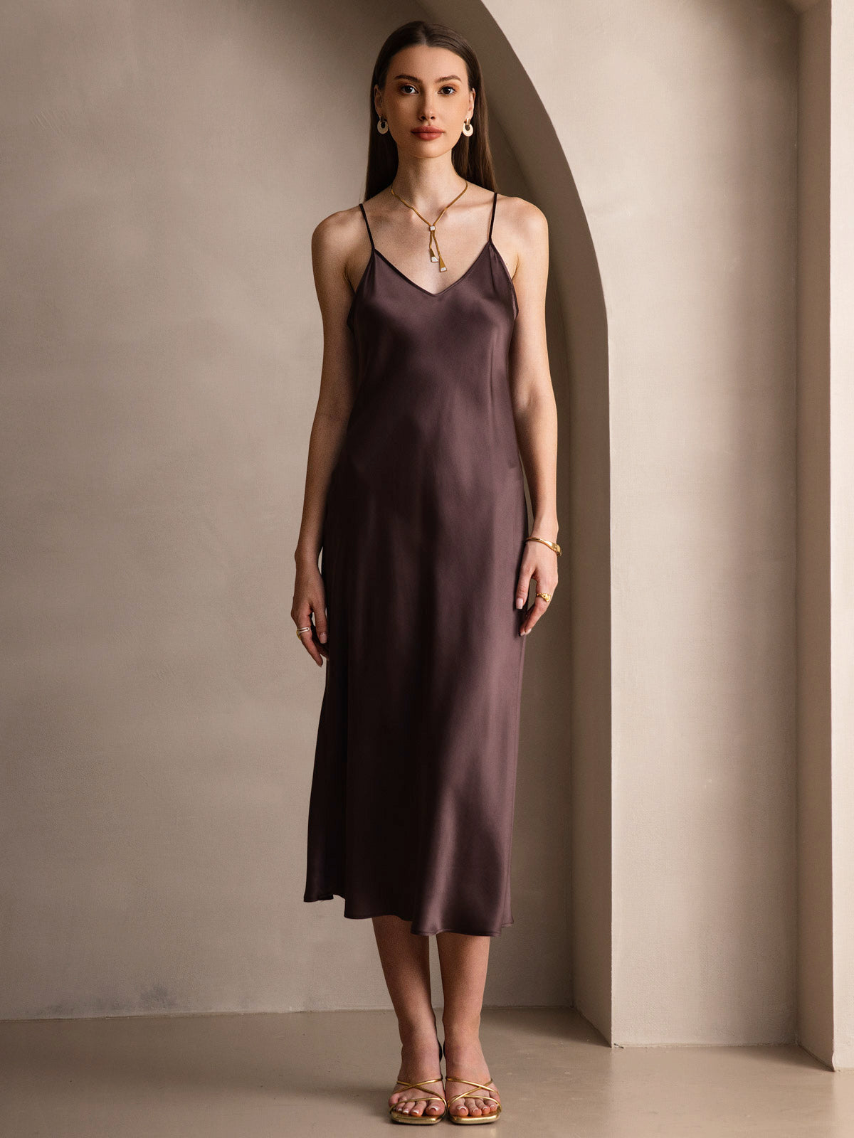 [Coffee] SilkSilky Pure Silk Sleeveless Round Neck Dress 001