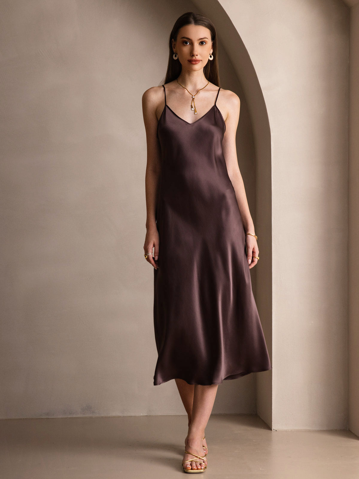 [Coffee] SilkSilky Pure Silk Sleeveless Round Neck Dress 004