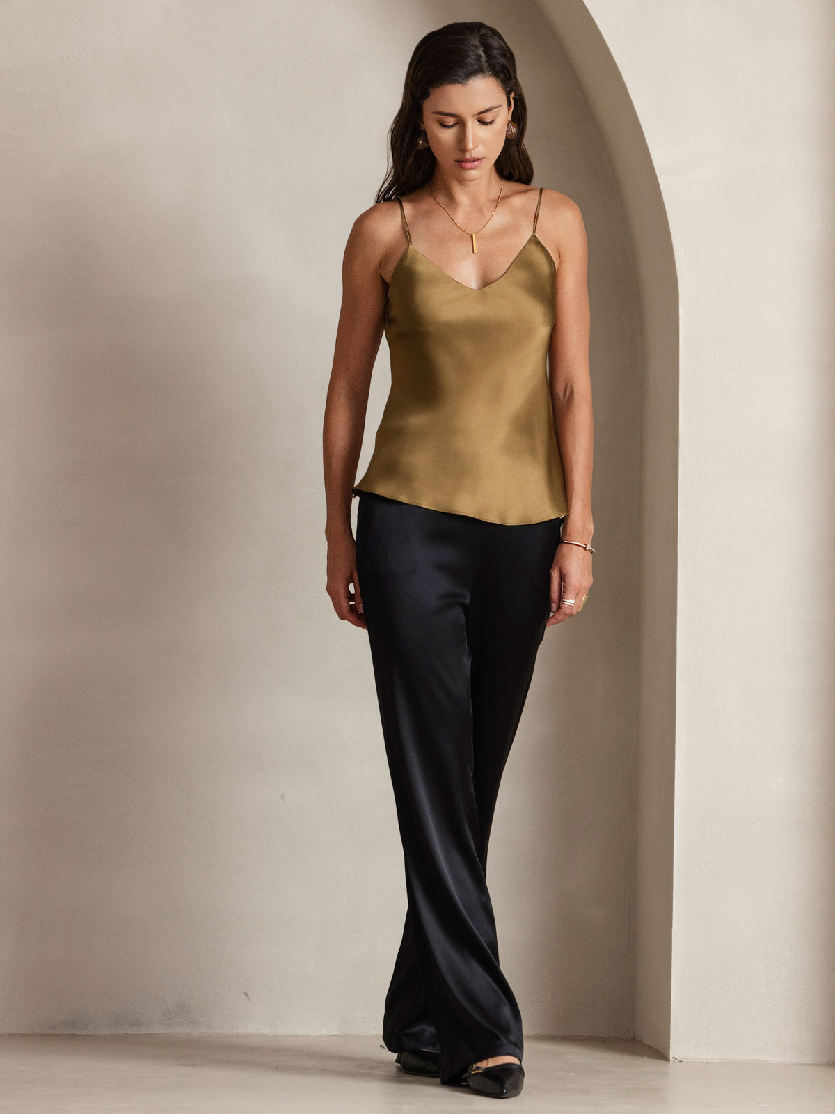 [Coffee] SilkSilky  Pure Silk V Neck Camisole Top 003
