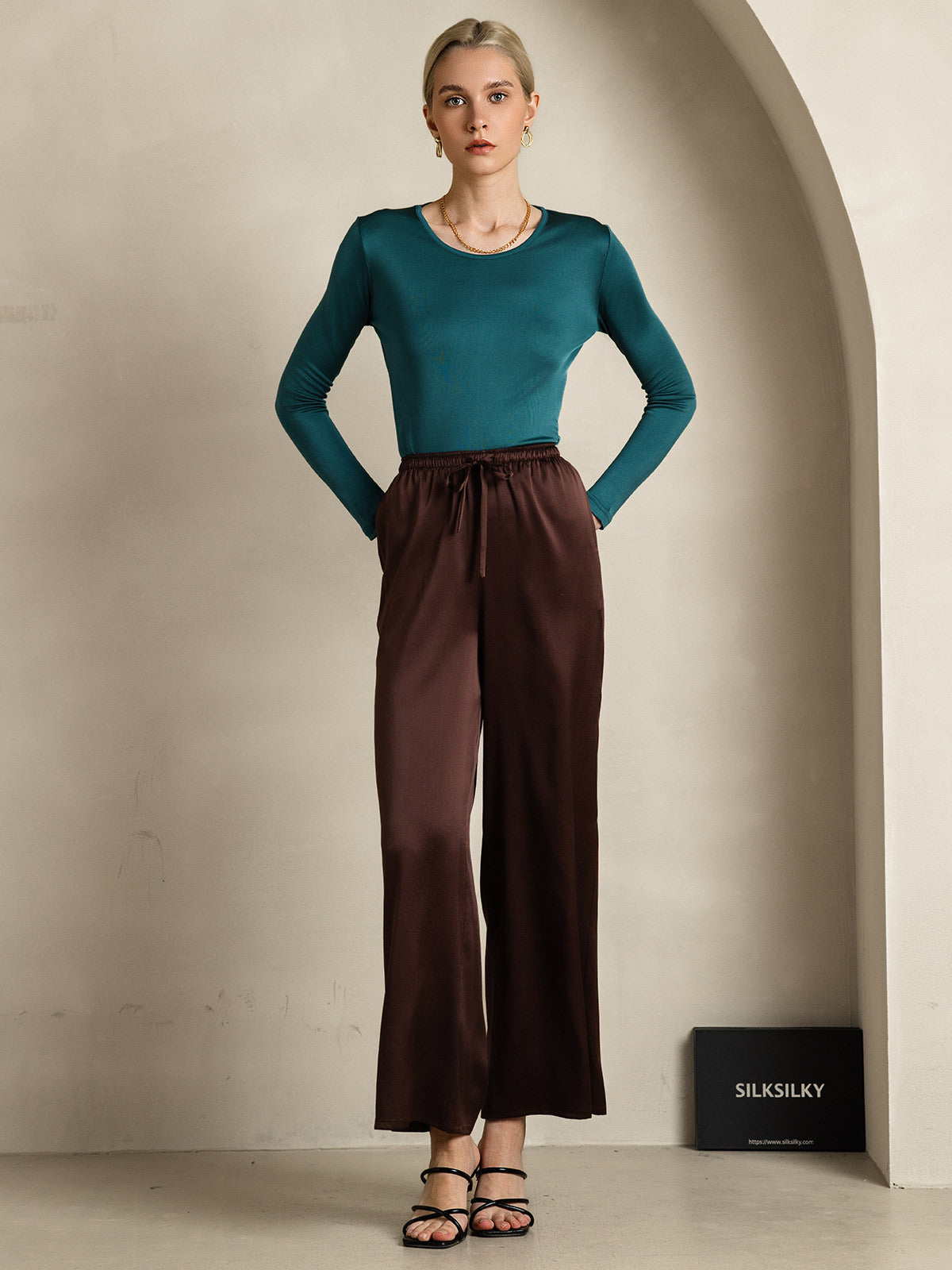 [Coffee] SilkSilky  Pure Silk Womens Pants 001