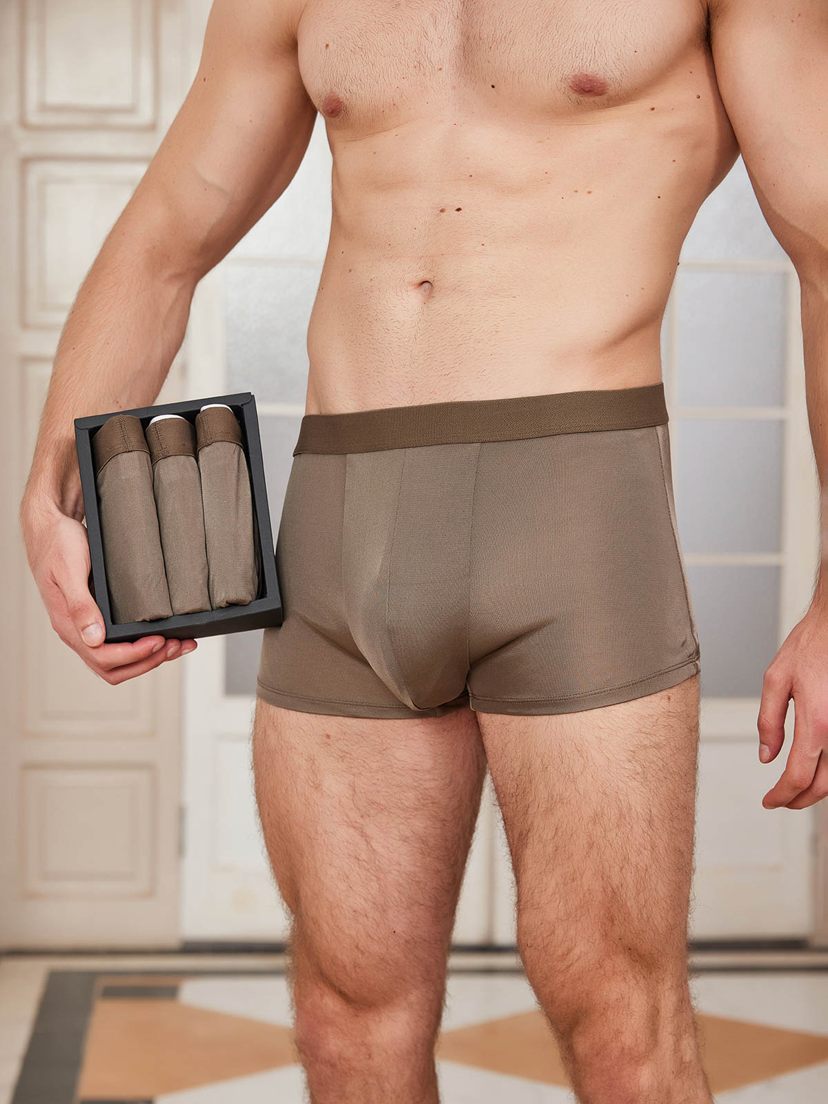 [Coffee] SilkSilky Silk Knitted Mens Underwear 001