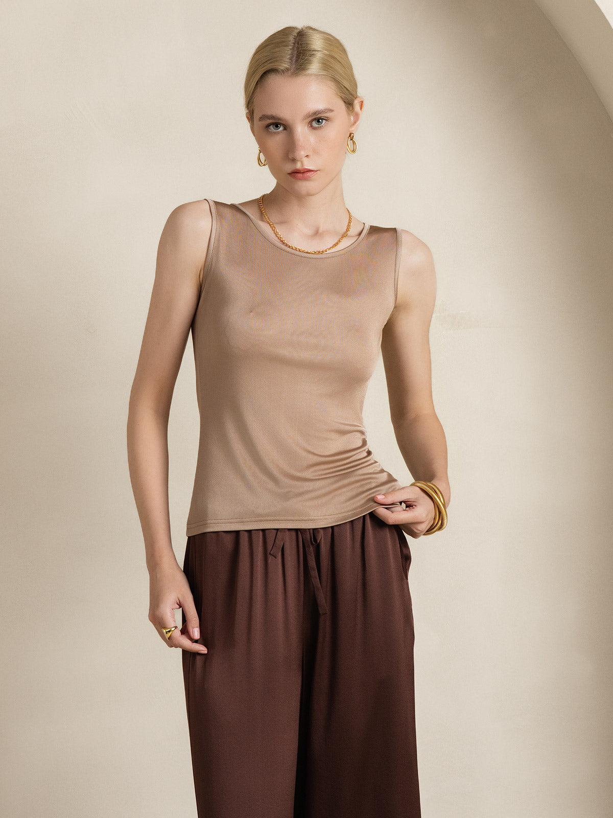 [Coffee] SilkSilky Silk Knitted Sleeveless Round Neck Women's T-Shirt 006