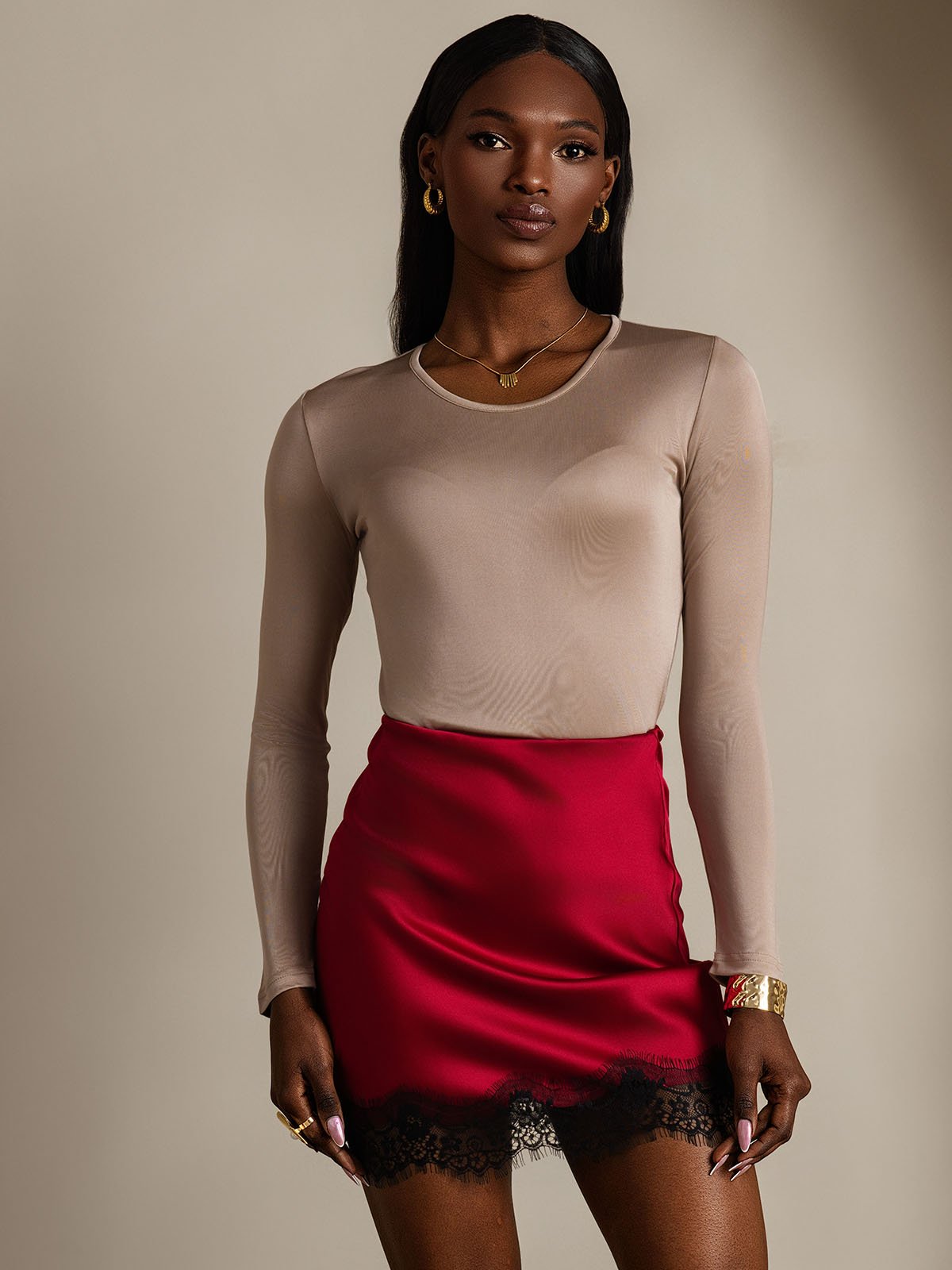 [Coffee] SilkSilky Silk Long Sleeve Round Neck Women's T-Shirt 001