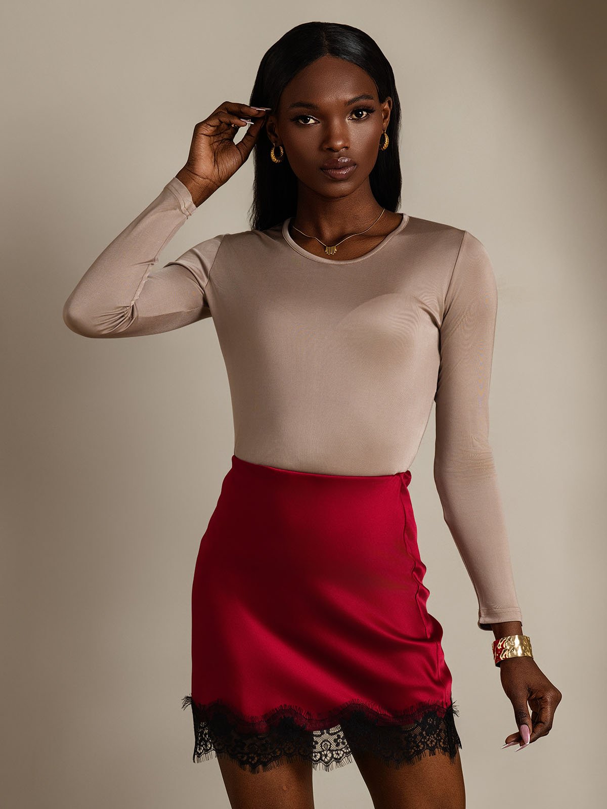 [Coffee] SilkSilky Silk Long Sleeve Round Neck Women's T-Shirt 004