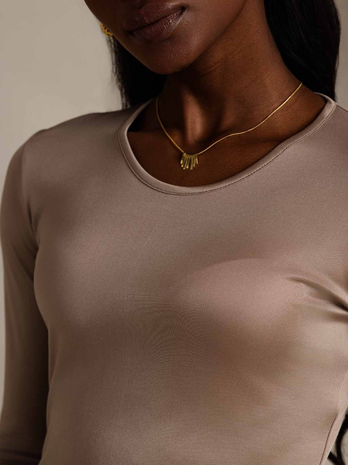 [Coffee] SilkSilky Silk Long Sleeve Round Neck Women's T-Shirt 008