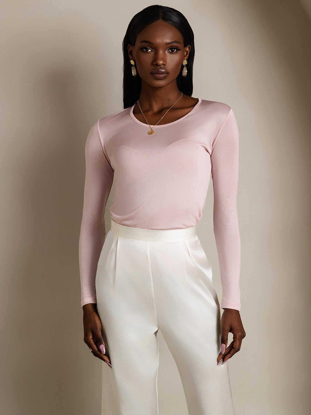 [Coral Pink] SilkSilky Silk Long Sleeve Round Neck Women's T-Shirt 001