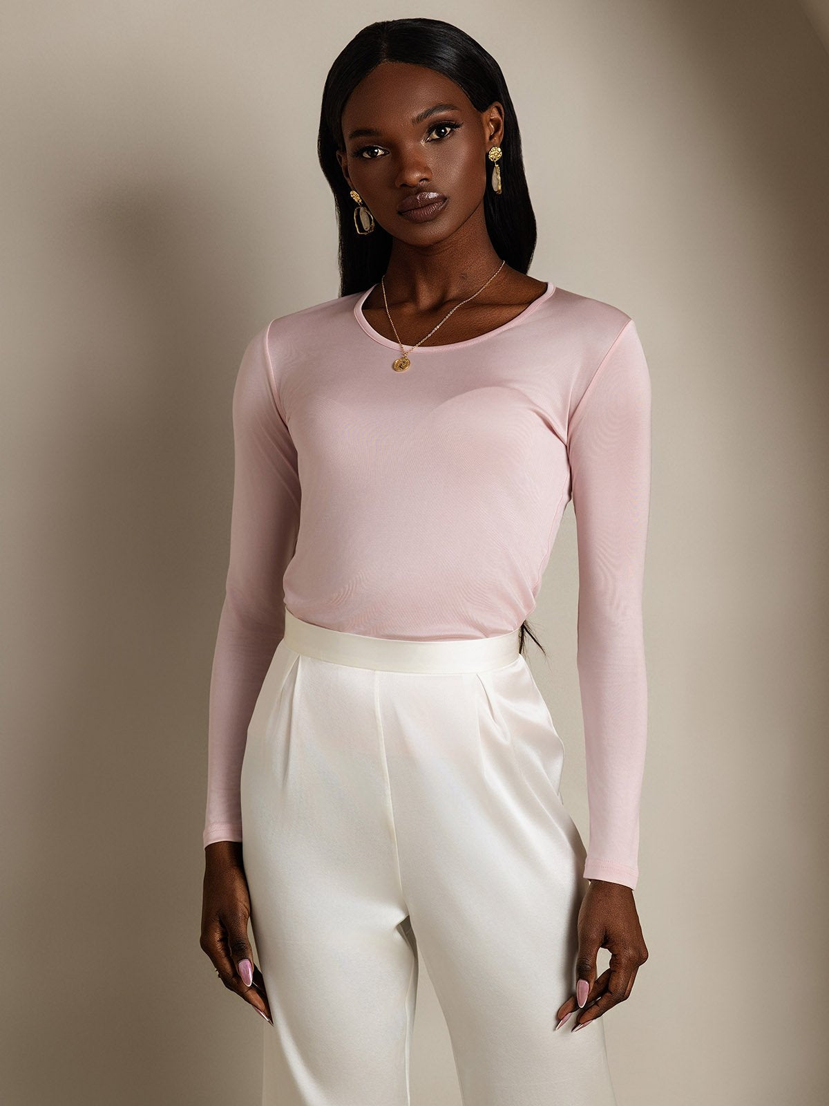 [Coral Pink] SilkSilky Silk Long Sleeve Round Neck Women's T-Shirt 003