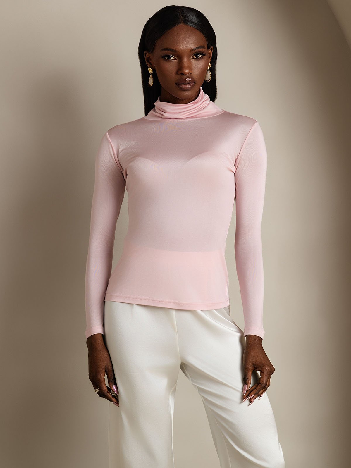 [Coral Pink] SilkSilky Silk Long Sleeve Womens T-Shirt 001