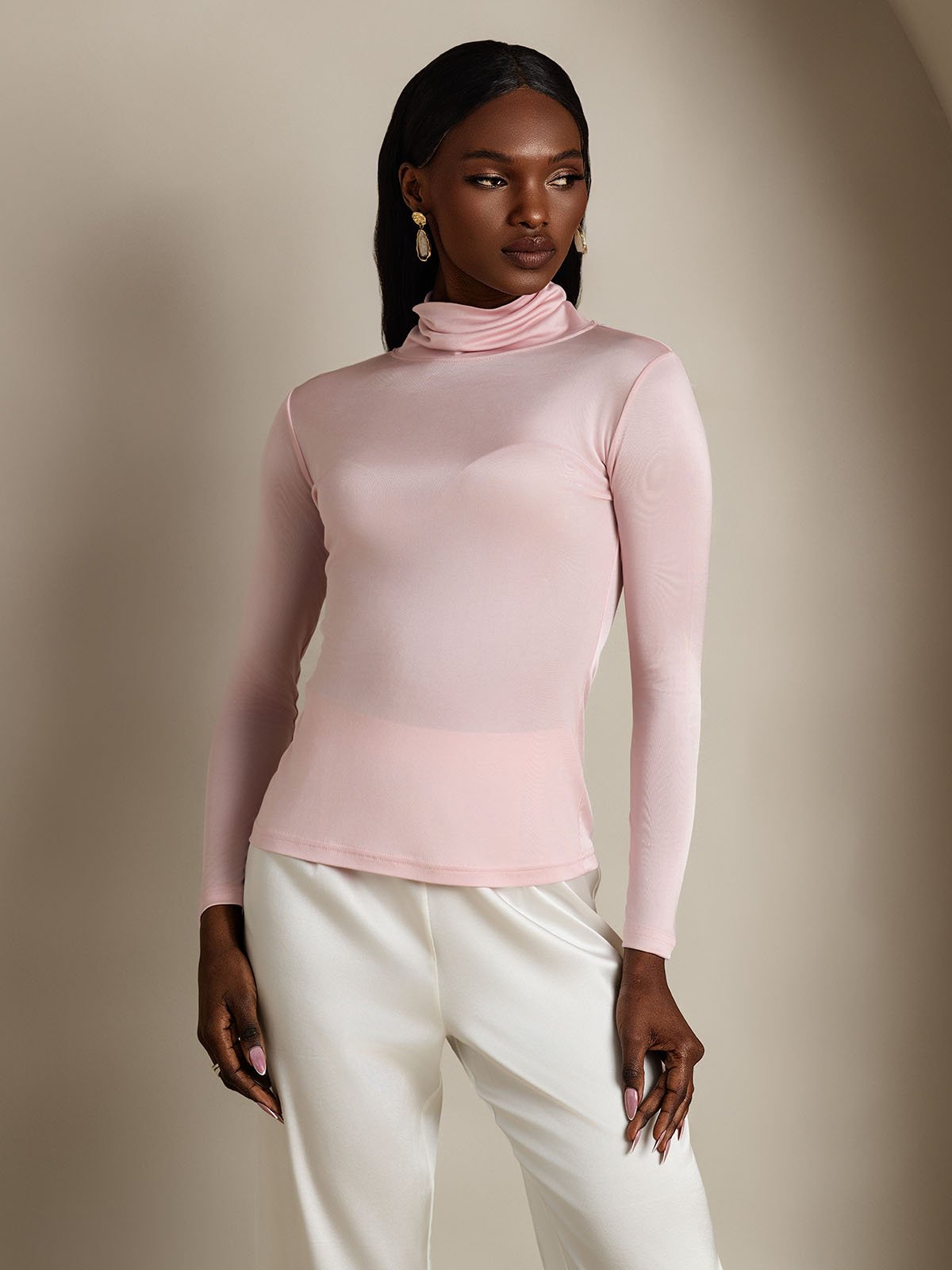 [Coral Pink] SilkSilky Silk Long Sleeve Womens T-Shirt 002
