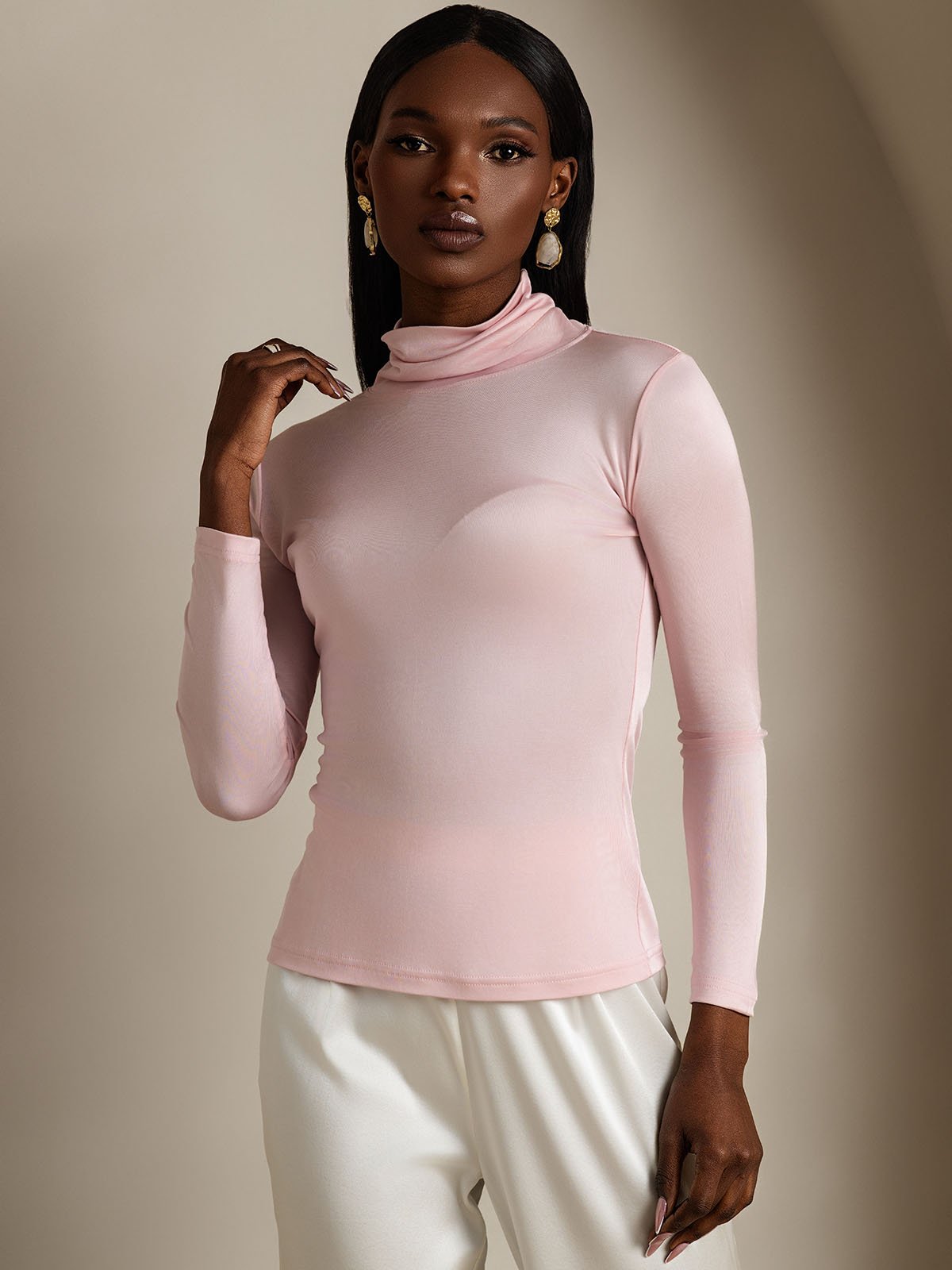 [Coral Pink] SilkSilky Silk Long Sleeve Womens T-Shirt 004