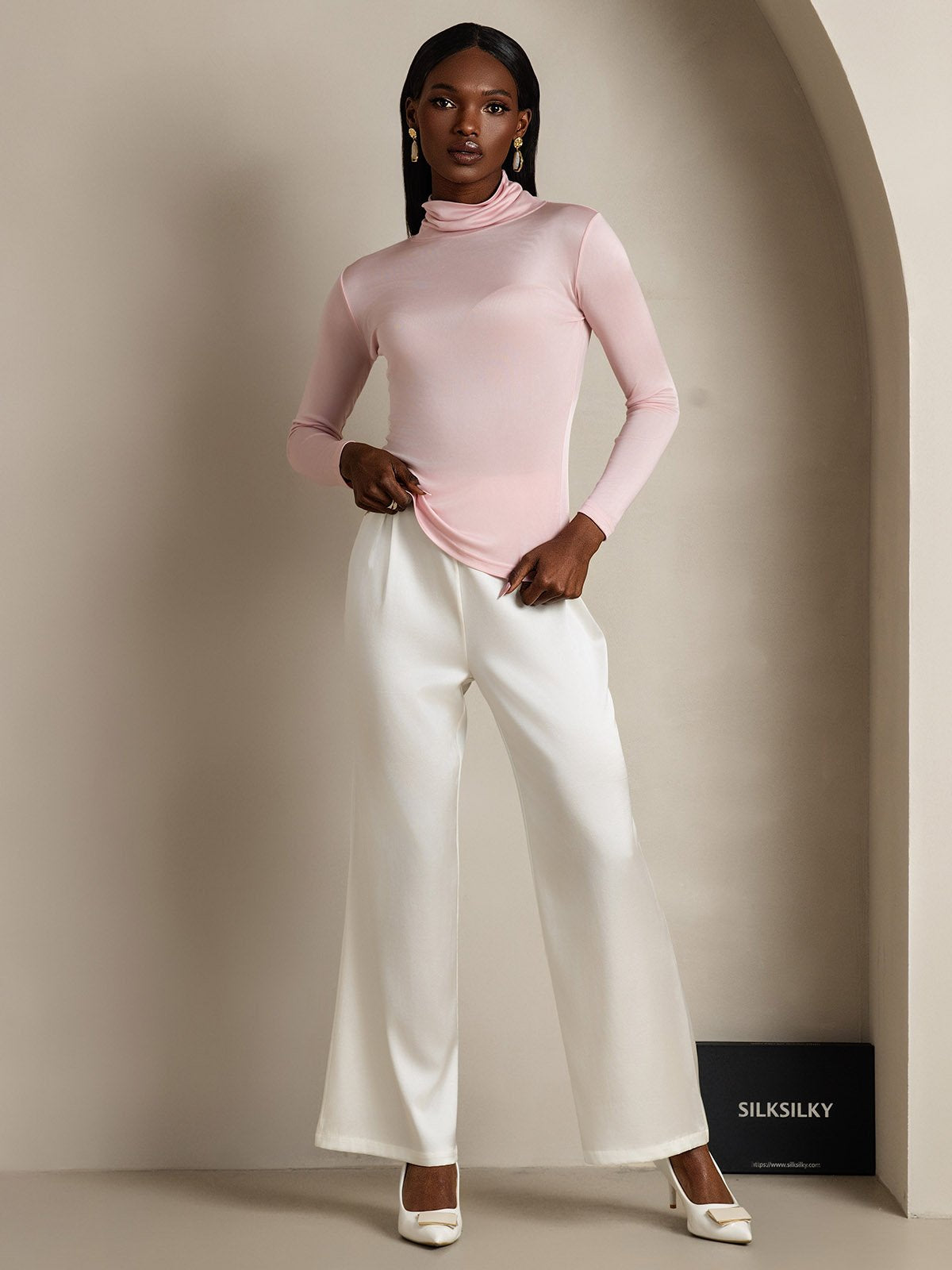 [Coral Pink] SilkSilky Silk Long Sleeve Womens T-Shirt 005