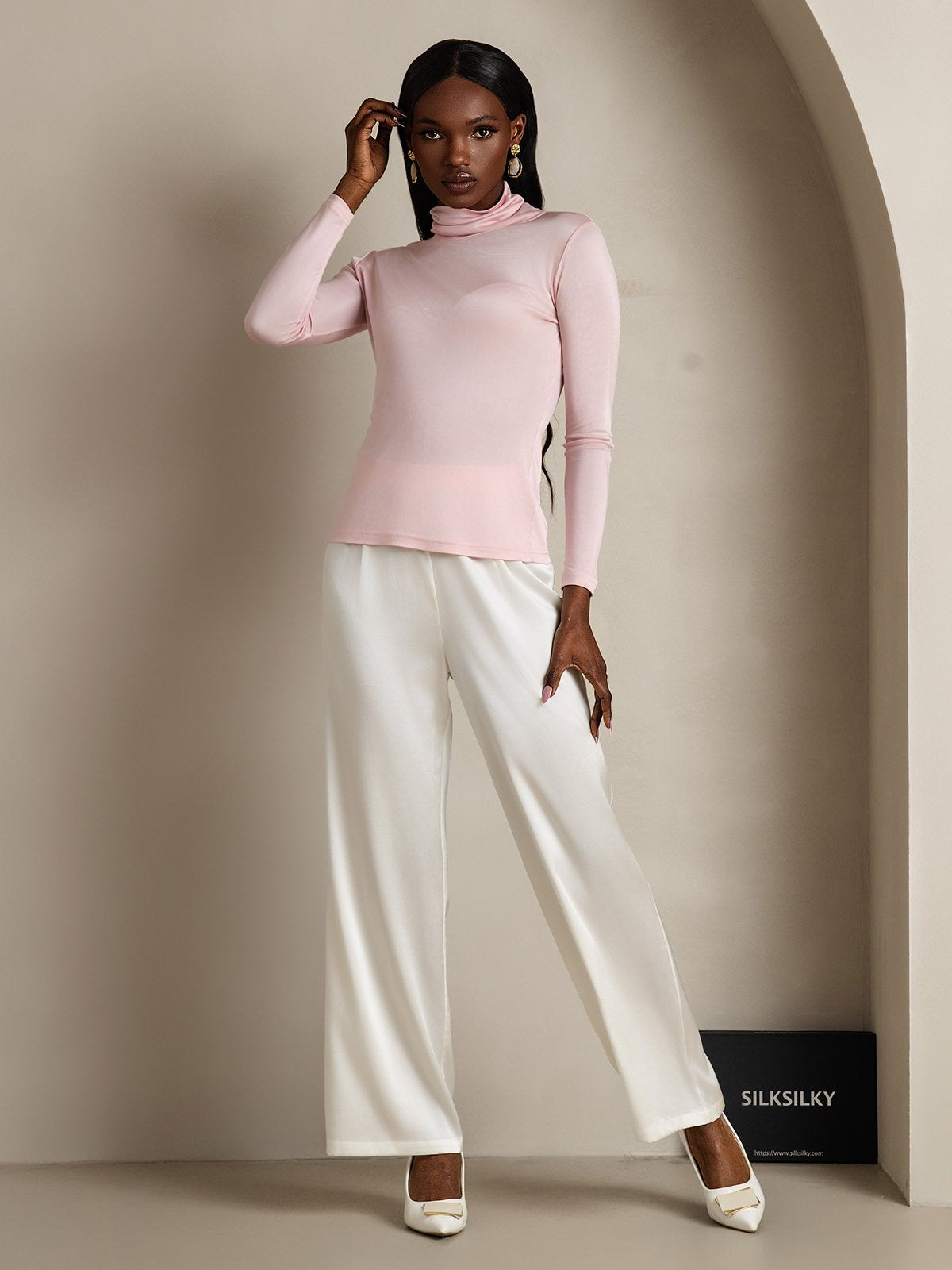 [Coral Pink] SilkSilky Silk Long Sleeve Womens T-Shirt 006