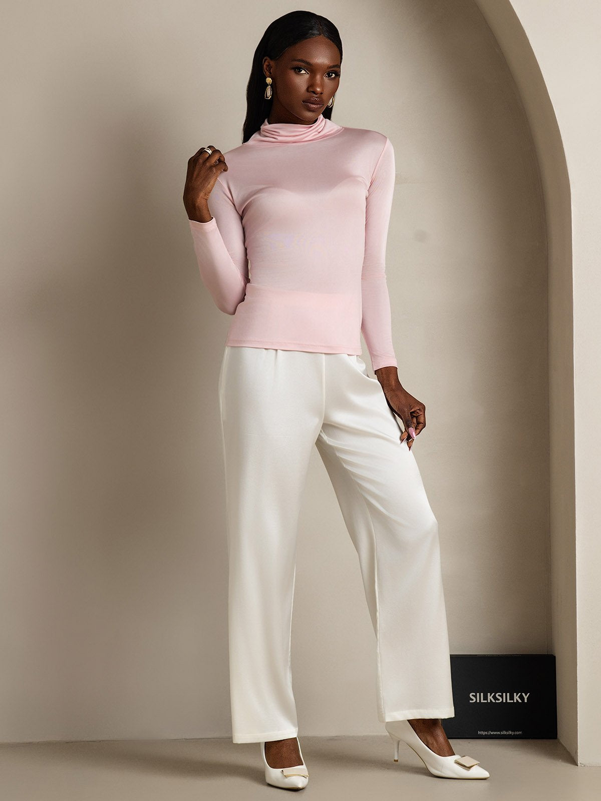 [Coral Pink] SilkSilky Silk Long Sleeve Womens T-Shirt 007