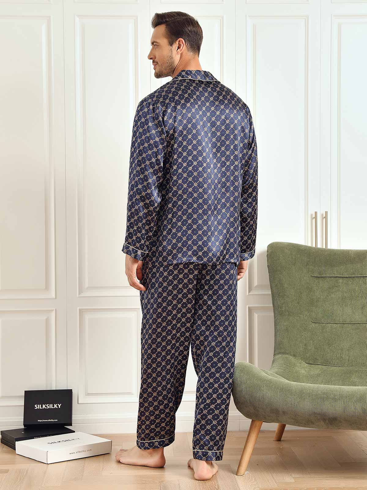 [Dark Blue] SilkSilky 19Momme Pure Silk Long Sleeve Lapel Men's Pajamas 003