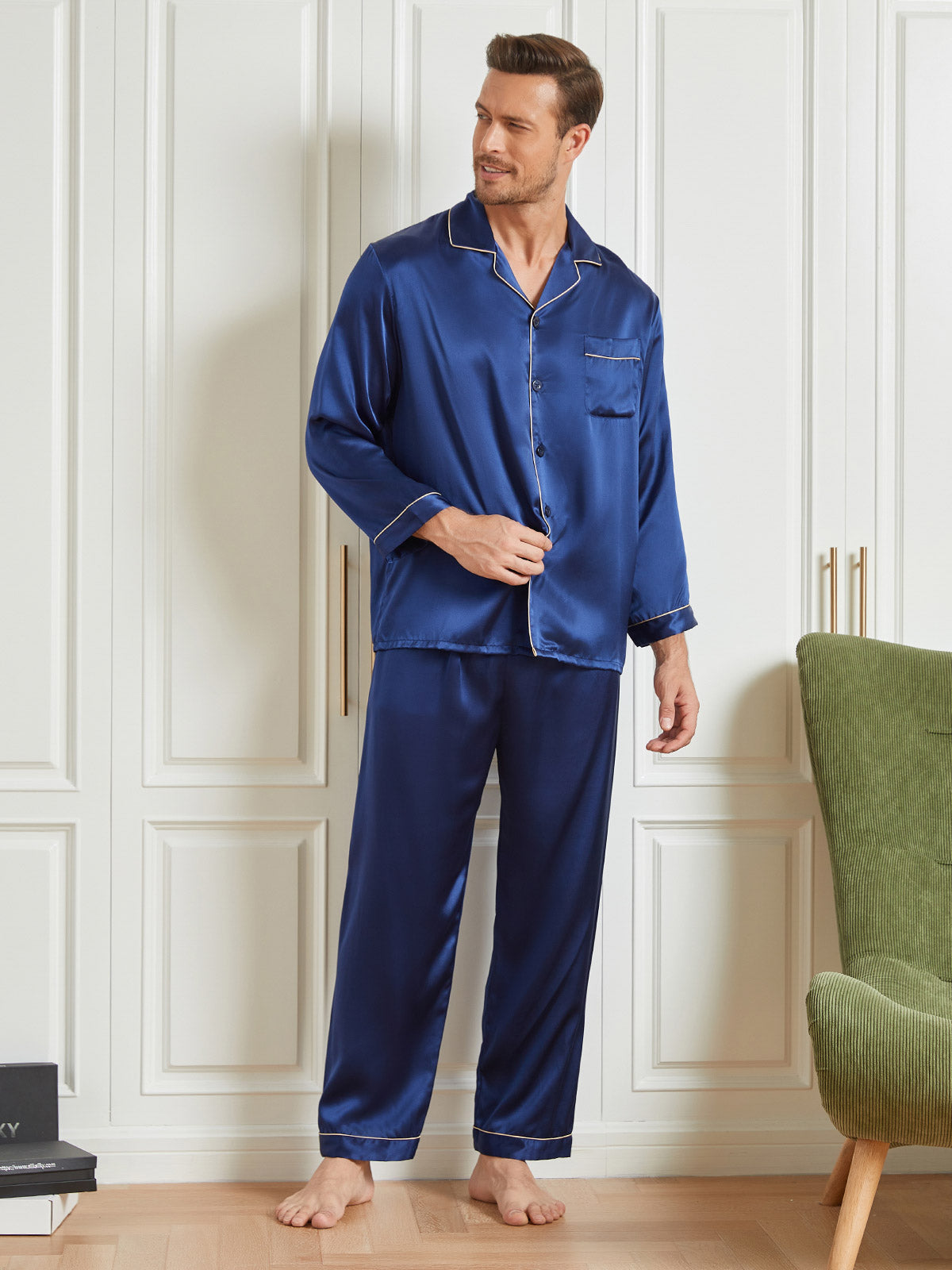 [Dark Blue] SilkSilky 19Momme Pure Silk Long Sleeve Lapel Men's Pajamas 003