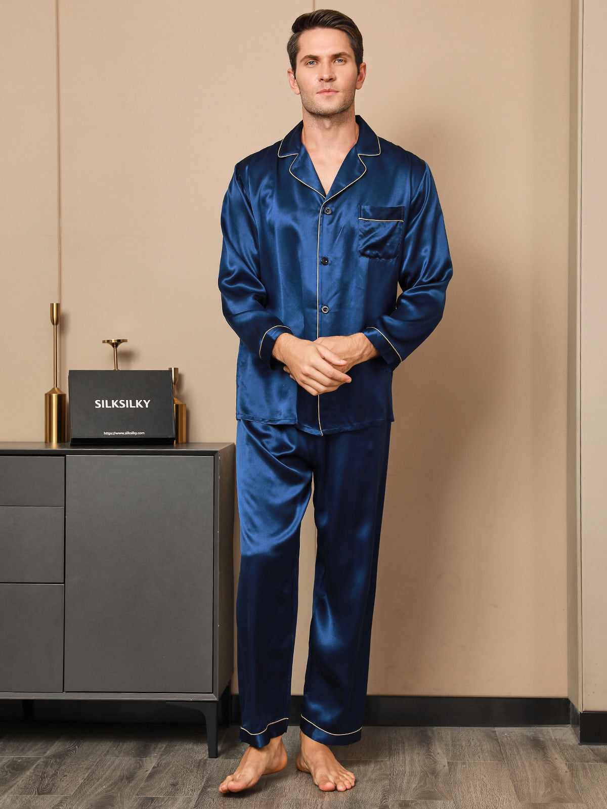[Dark Blue] SilkSilky 19Momme Pure Silk Long Sleeve Lapel Men's Pajamas 004