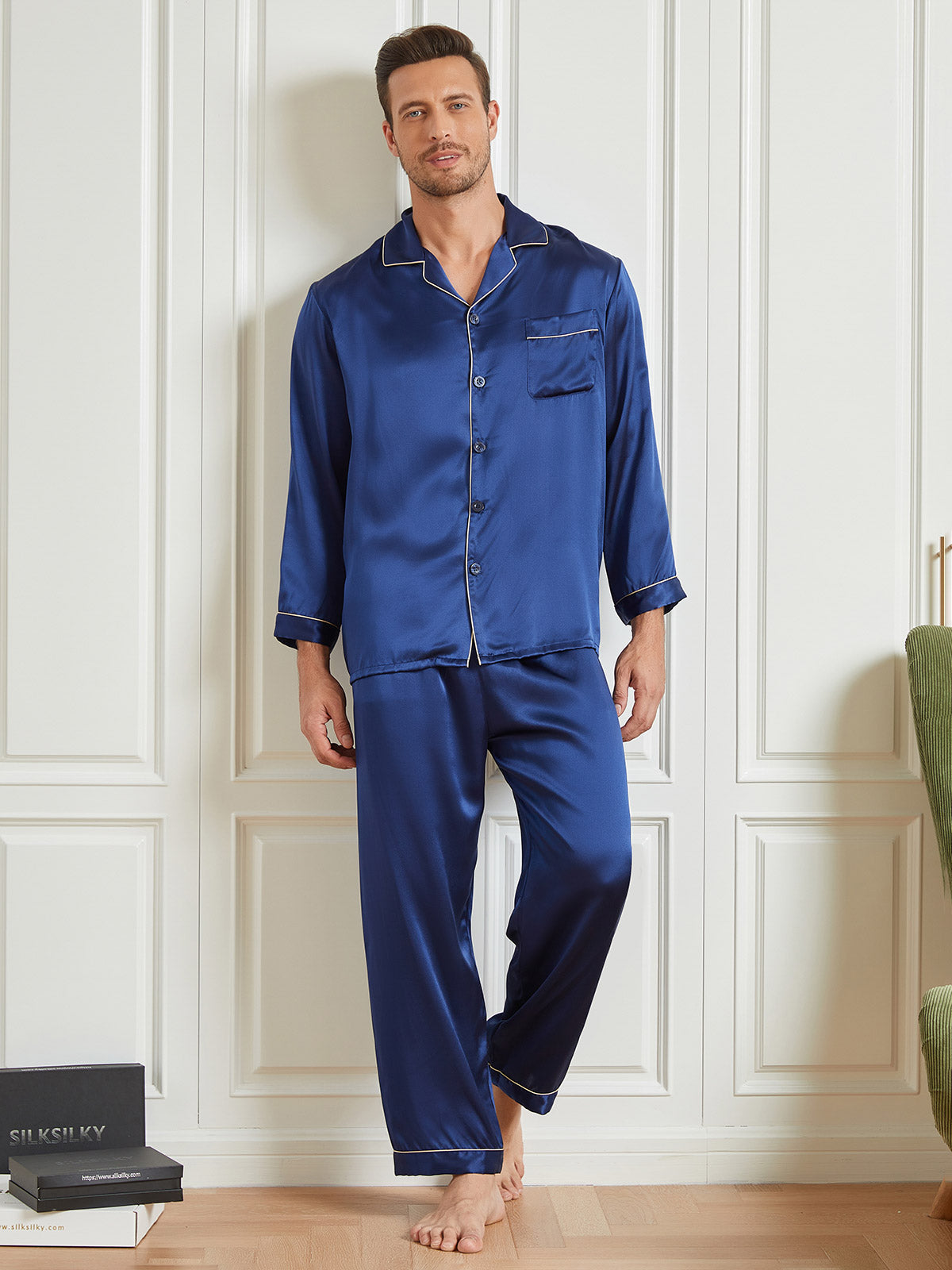 [Dark Blue] SilkSilky 19Momme Pure Silk Long Sleeve Lapel Men's Pajamas 004