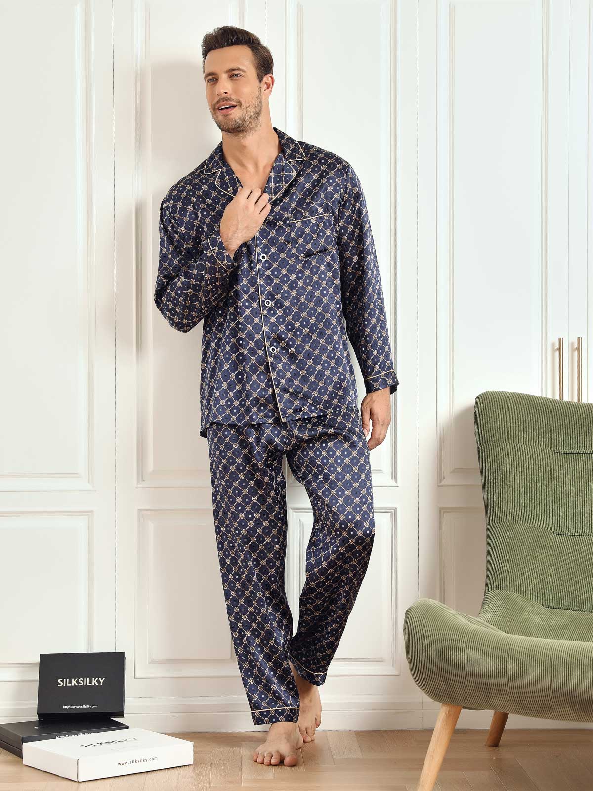 [Dark Blue] SilkSilky 19Momme Pure Silk Long Sleeve Lapel Men's Pajamas 005