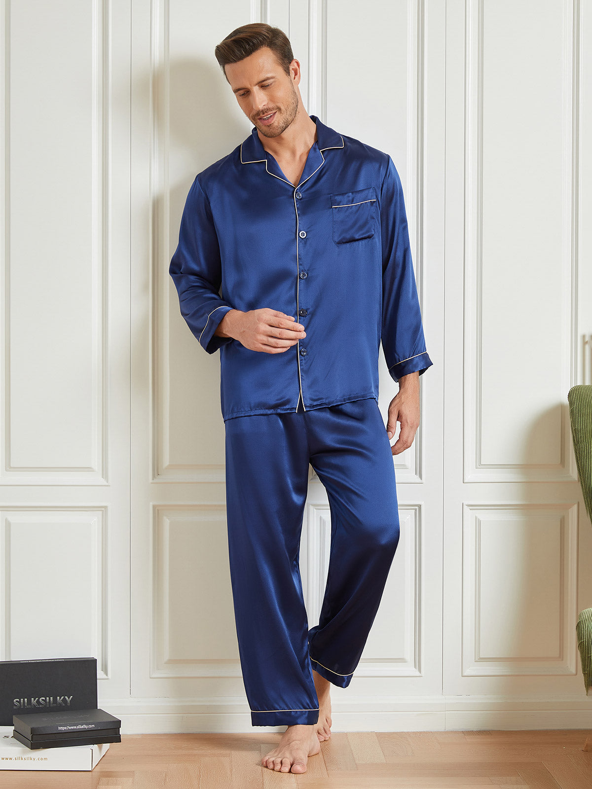 [Dark Blue] SilkSilky 19Momme Pure Silk Long Sleeve Lapel Men's Pajamas 005