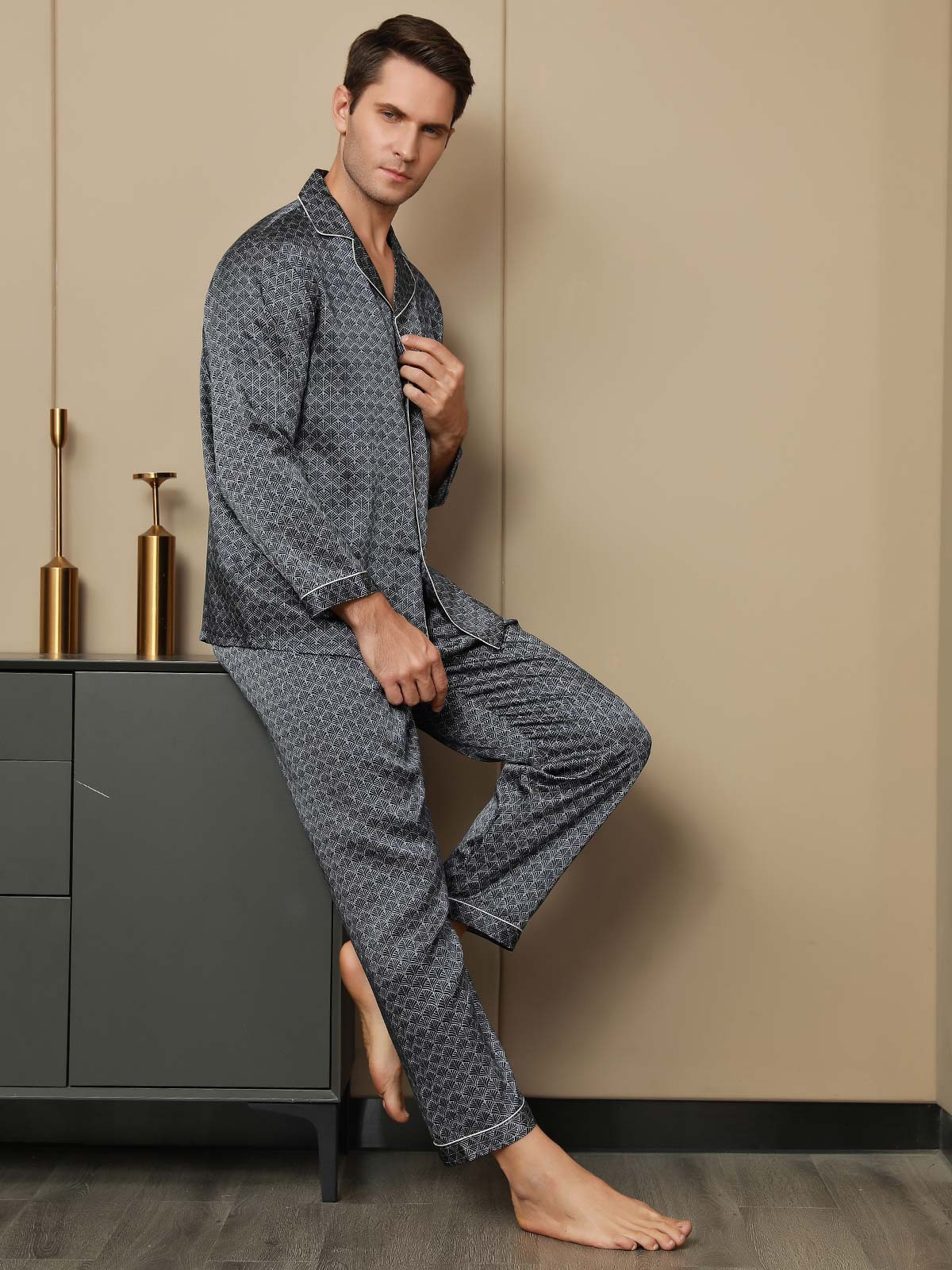 [Dark Blue] SilkSilky 19Momme Pure Silk Long Sleeve Lapel Men's Pajamas 005