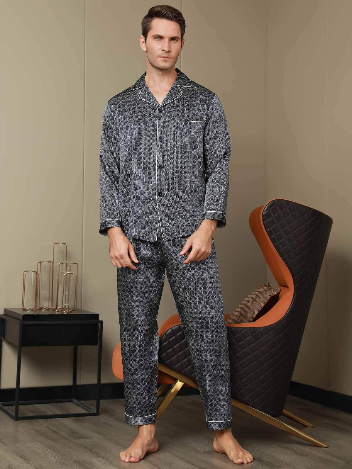[Dark Blue] SilkSilky 19Momme Pure Silk Long Sleeve Lapel Men's Pajamas 007