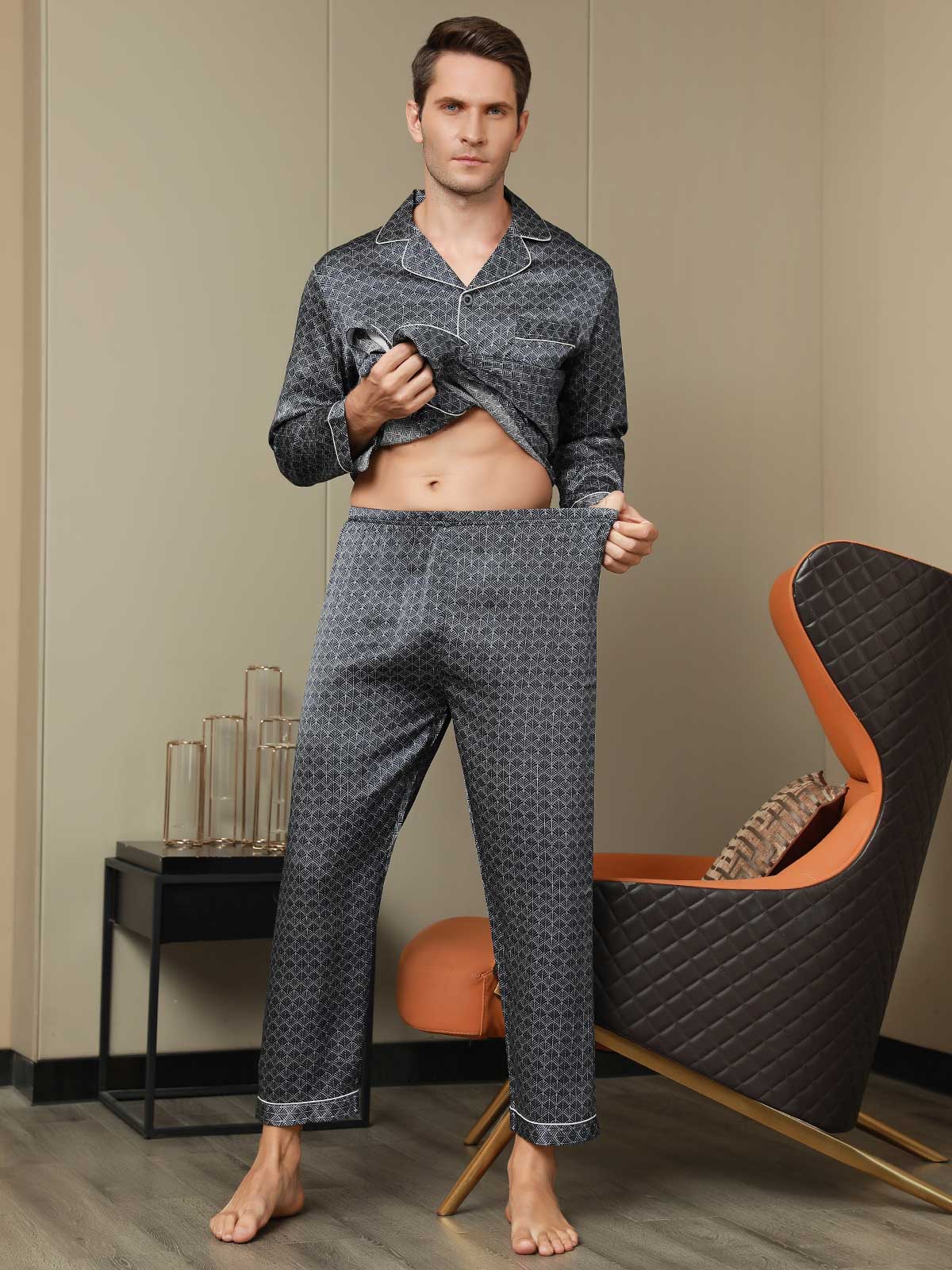 [Dark Blue] SilkSilky 19Momme Pure Silk Long Sleeve Lapel Men's Pajamas 008