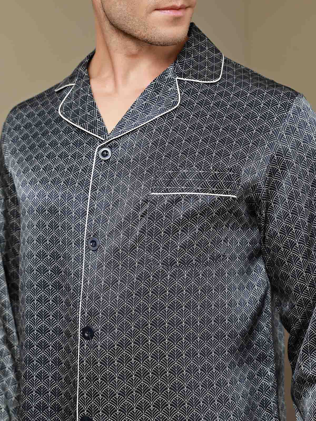 [Dark Blue] SilkSilky 19Momme Pure Silk Long Sleeve Lapel Men's Pajamas 009