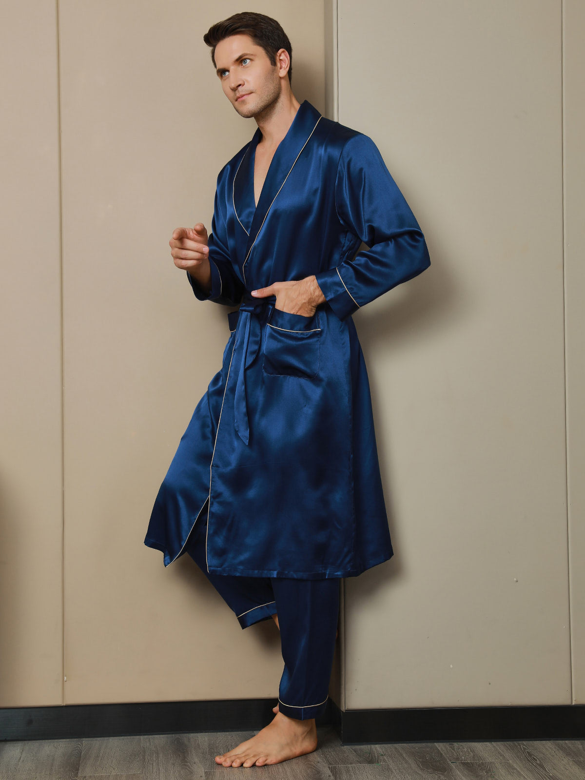 [Dark Blue] SilkSilky 19Momme Pure Silk Long Sleeve Lapel Men's Robe 005