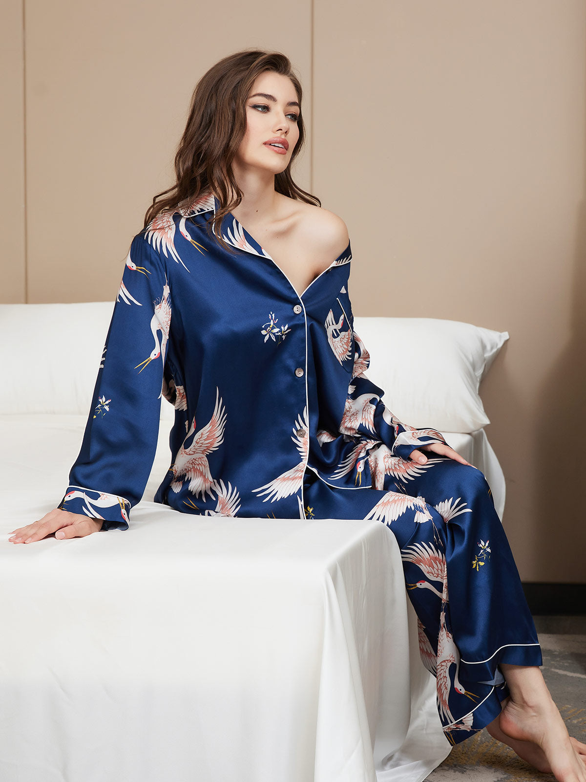 [Dark Blue] SilkSilky 19Momme Pure Silk Long Sleeve Lapel Women's Pajamas 002