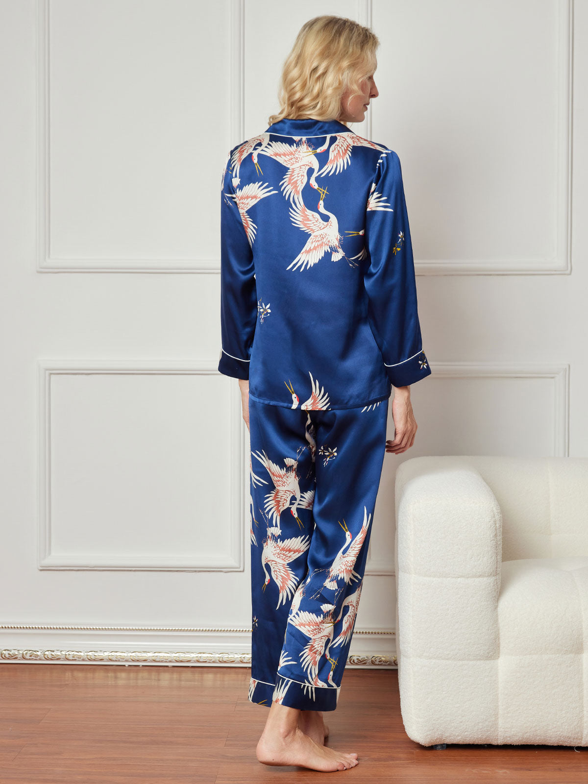 [Dark Blue] SilkSilky 19Momme Pure Silk Long Sleeve Lapel Women's Pajamas 002