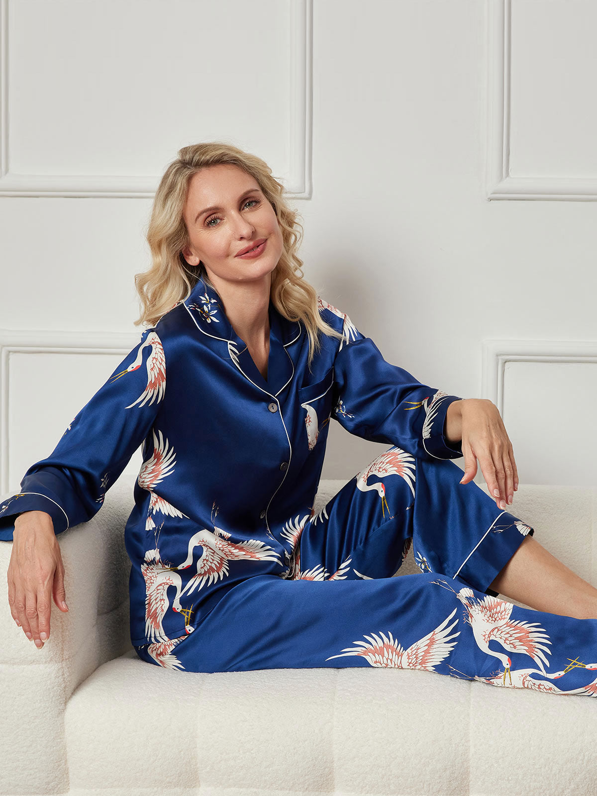 [Dark Blue] SilkSilky 19Momme Pure Silk Long Sleeve Lapel Women's Pajamas 006