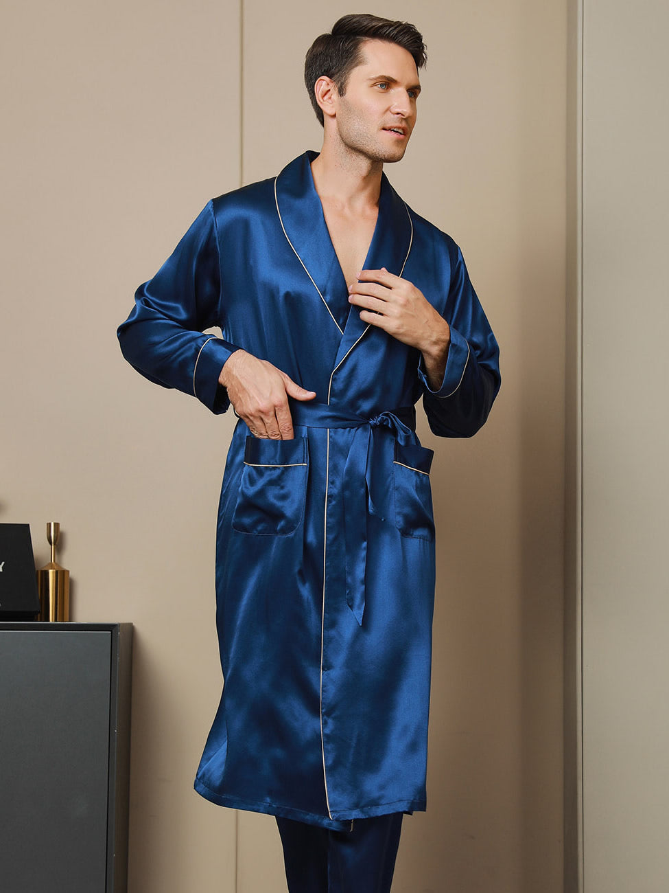 mens silk dressing robe SilkSilky Pure Silk Lapel Collar Belted Robe (Without Pants), Dark Blue / XL