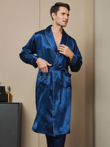 [Dark Blue] SilkSilky  19Momme Pure Silk Long Sleeve Mens Robe 001