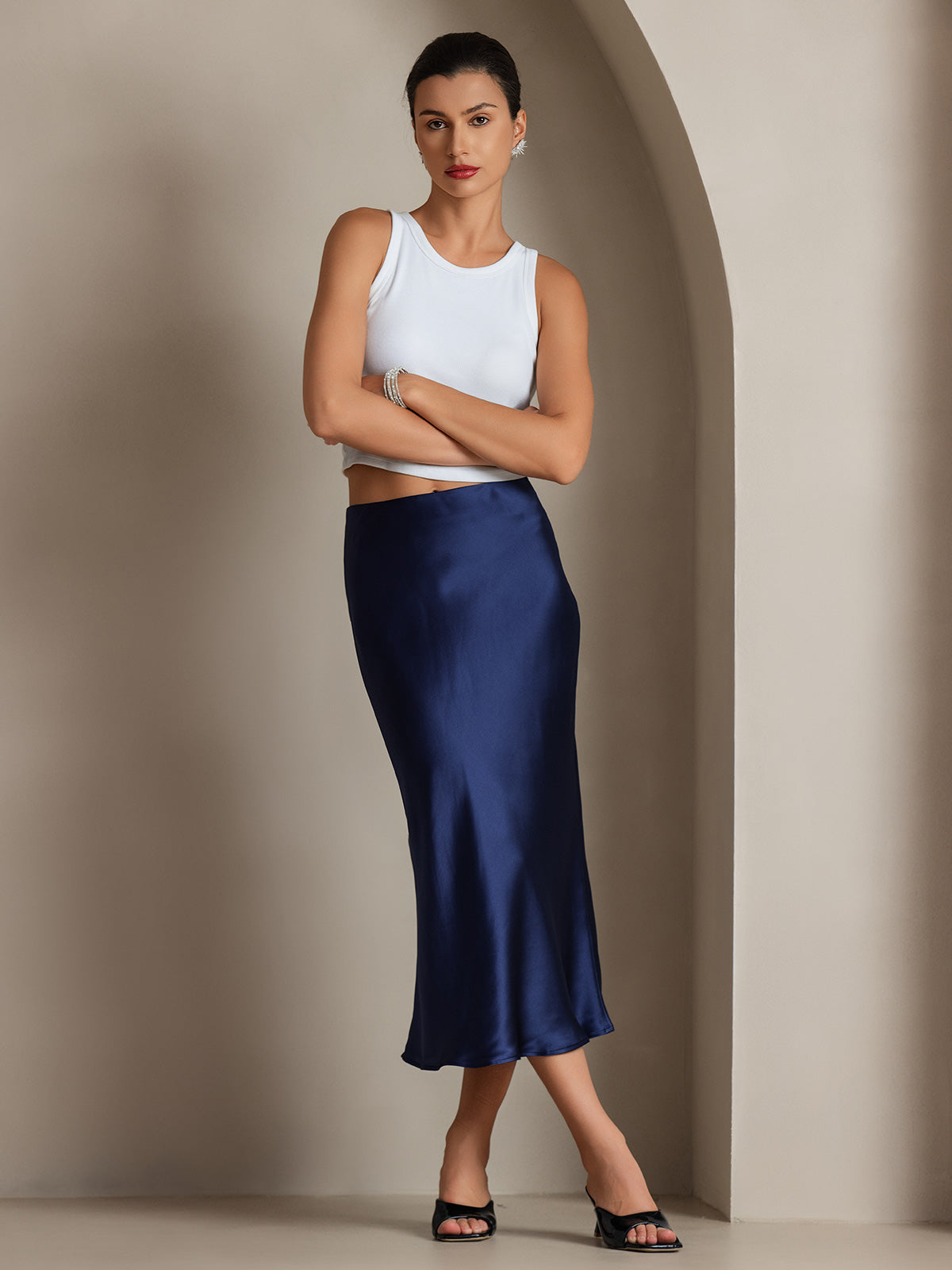 [Dark Blue] SilkSilky 19Momme Pure Silk Skirt 001
