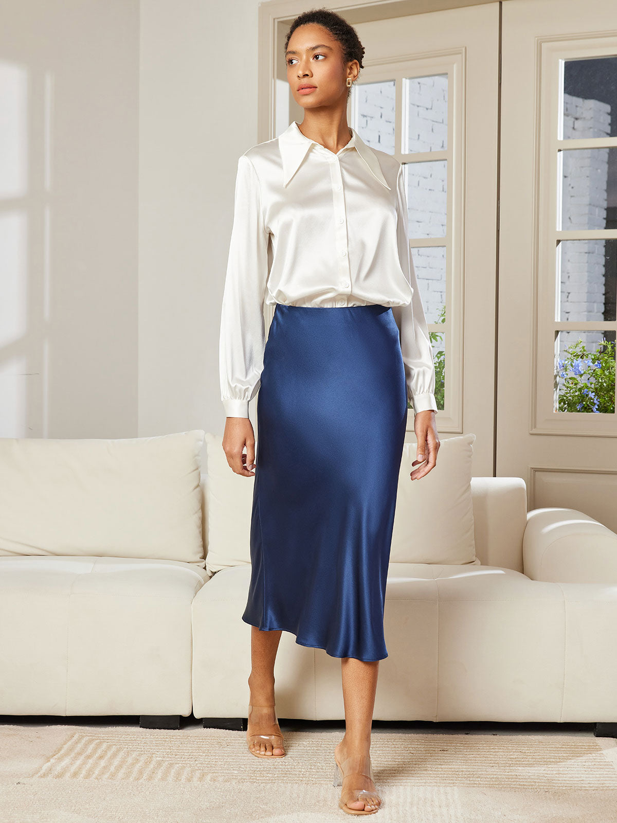 [Dark Blue] SilkSilky 19Momme Pure Silk Skirt 005