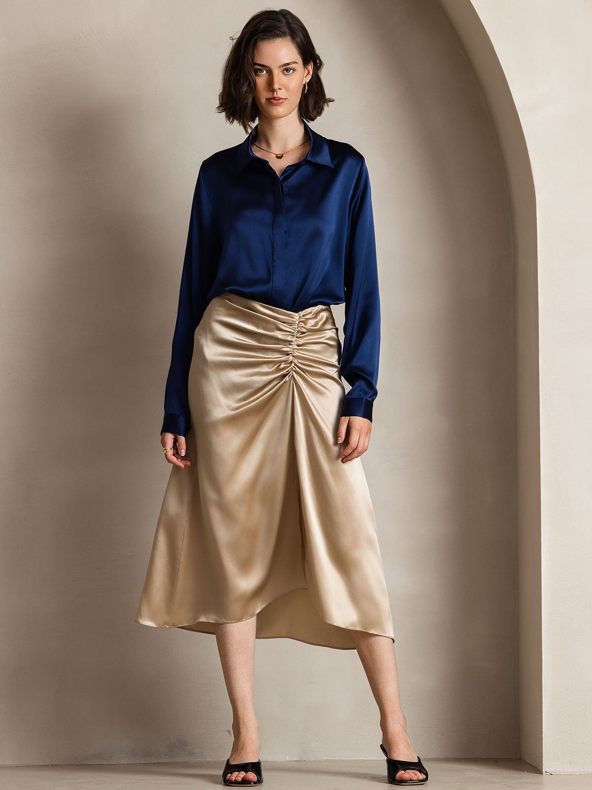 [Dark Blue] SilkSilky  19Momme Silk Lapel Collar Women's Shirt 001