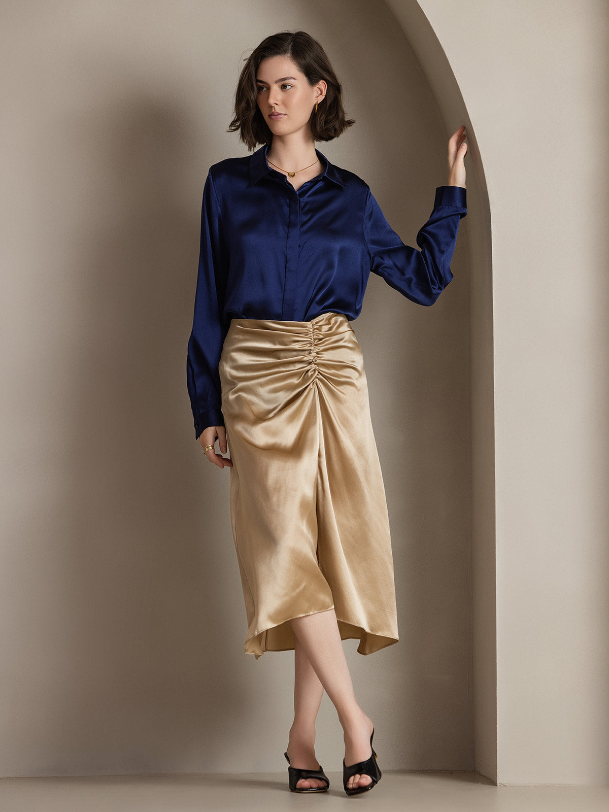 [Dark Blue] SilkSilky  19Momme Silk Lapel Collar Women's Shirt 001