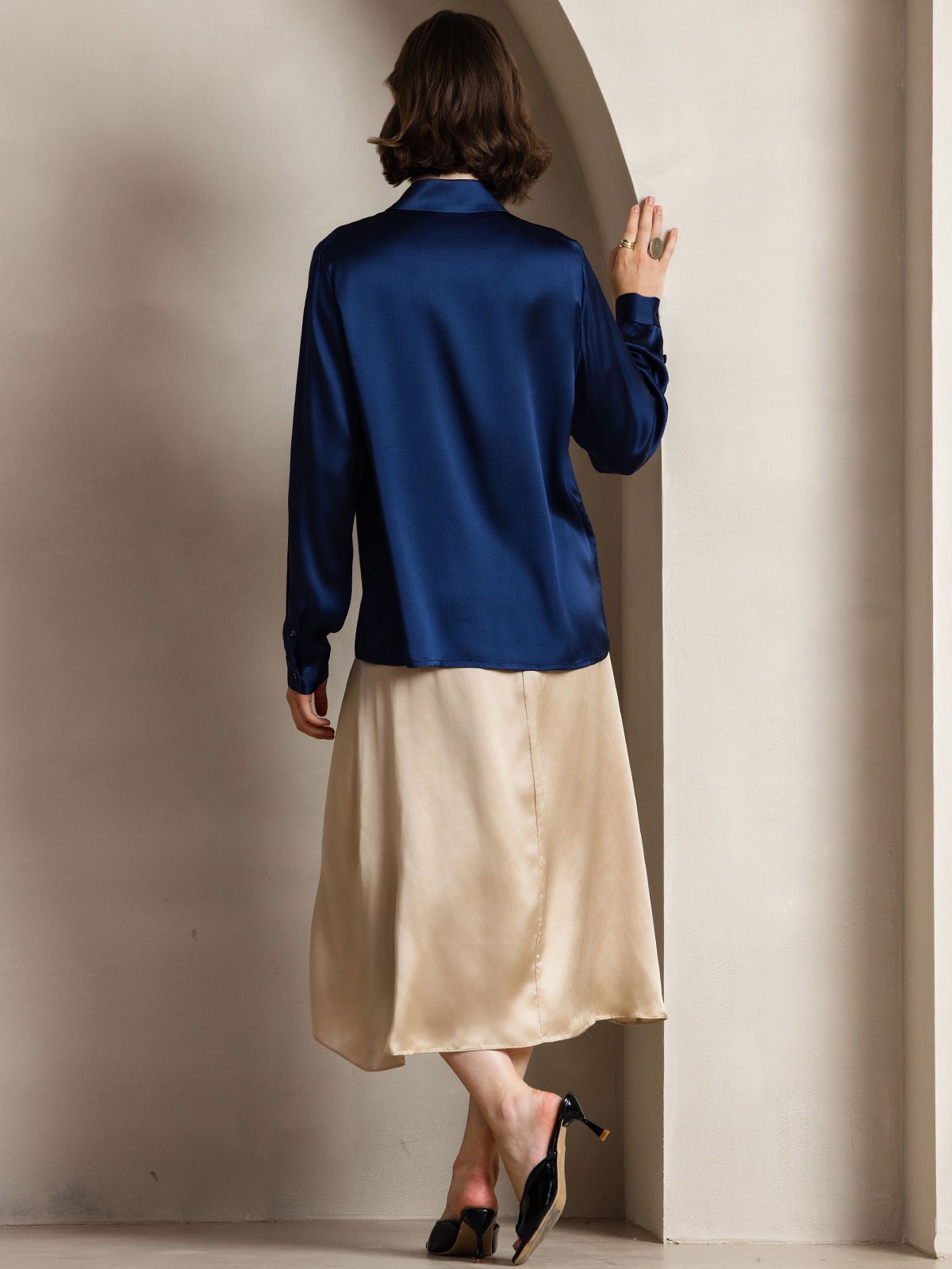[Dark Blue] SilkSilky  19Momme Silk Lapel Collar Women's Shirt 002
