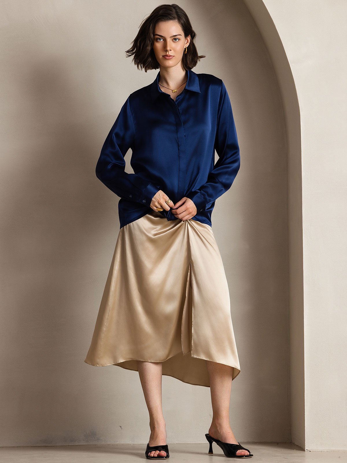 [Dark Blue] SilkSilky  19Momme Silk Lapel Collar Women's Shirt 003