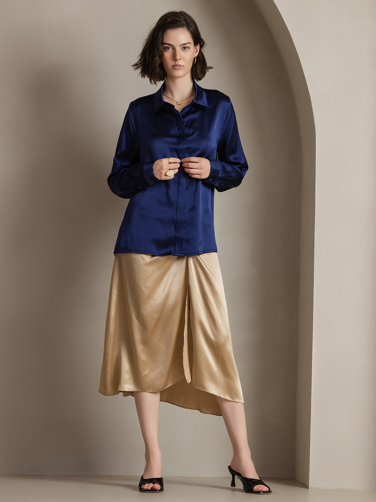 [Dark Blue] SilkSilky  19Momme Silk Lapel Collar Women's Shirt 003