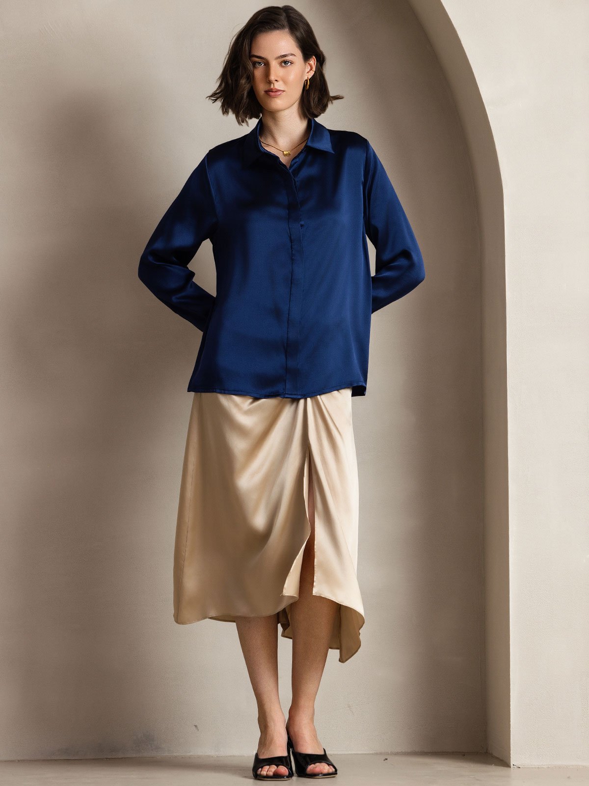 [Dark Blue] SilkSilky  19Momme Silk Lapel Collar Women's Shirt 004