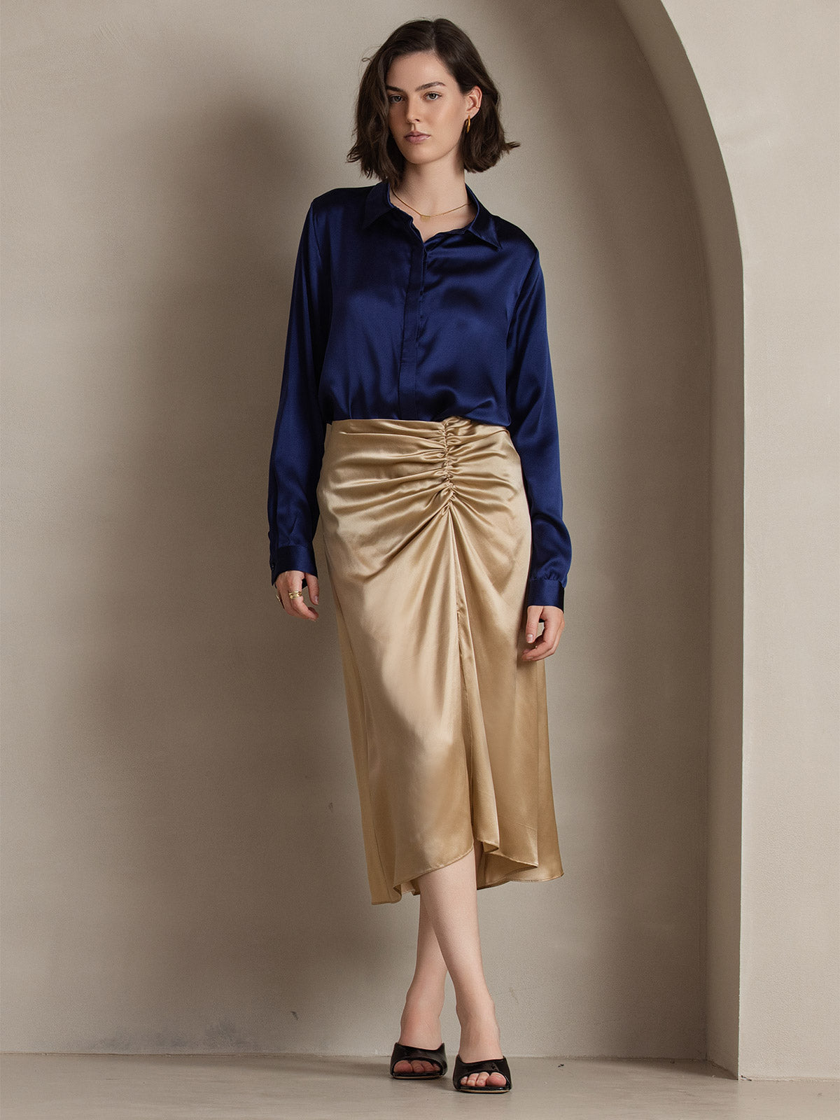[Dark Blue] SilkSilky  19Momme Silk Lapel Collar Women's Shirt 004