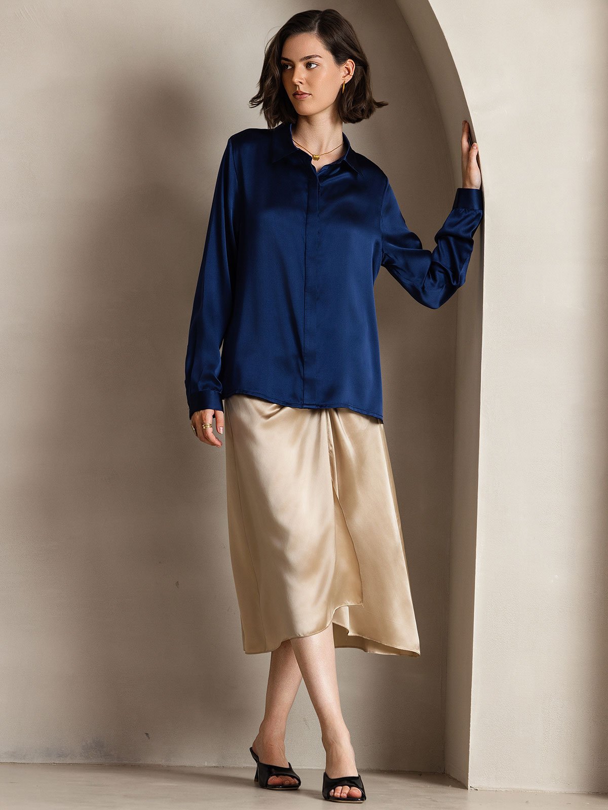 [Dark Blue] SilkSilky  19Momme Silk Lapel Collar Women's Shirt 005
