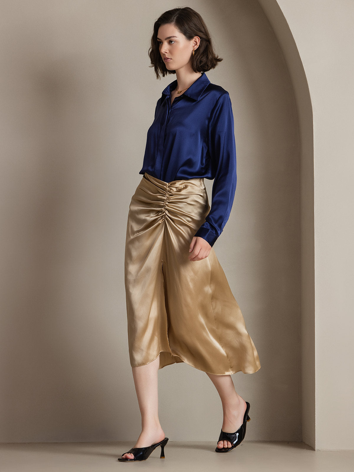[Dark Blue] SilkSilky  19Momme Silk Lapel Collar Women's Shirt 005