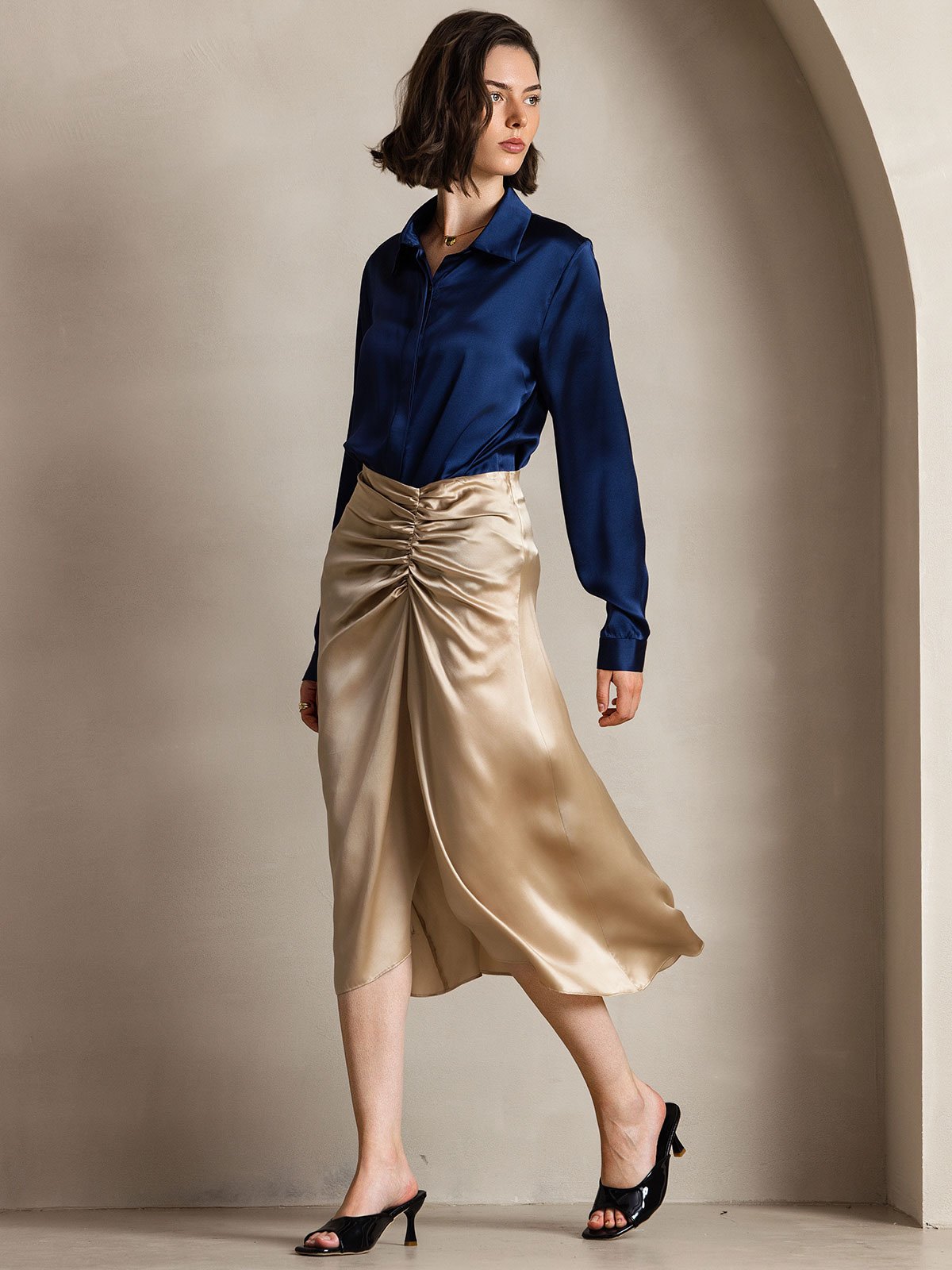 [Dark Blue] SilkSilky  19Momme Silk Lapel Collar Women's Shirt 006