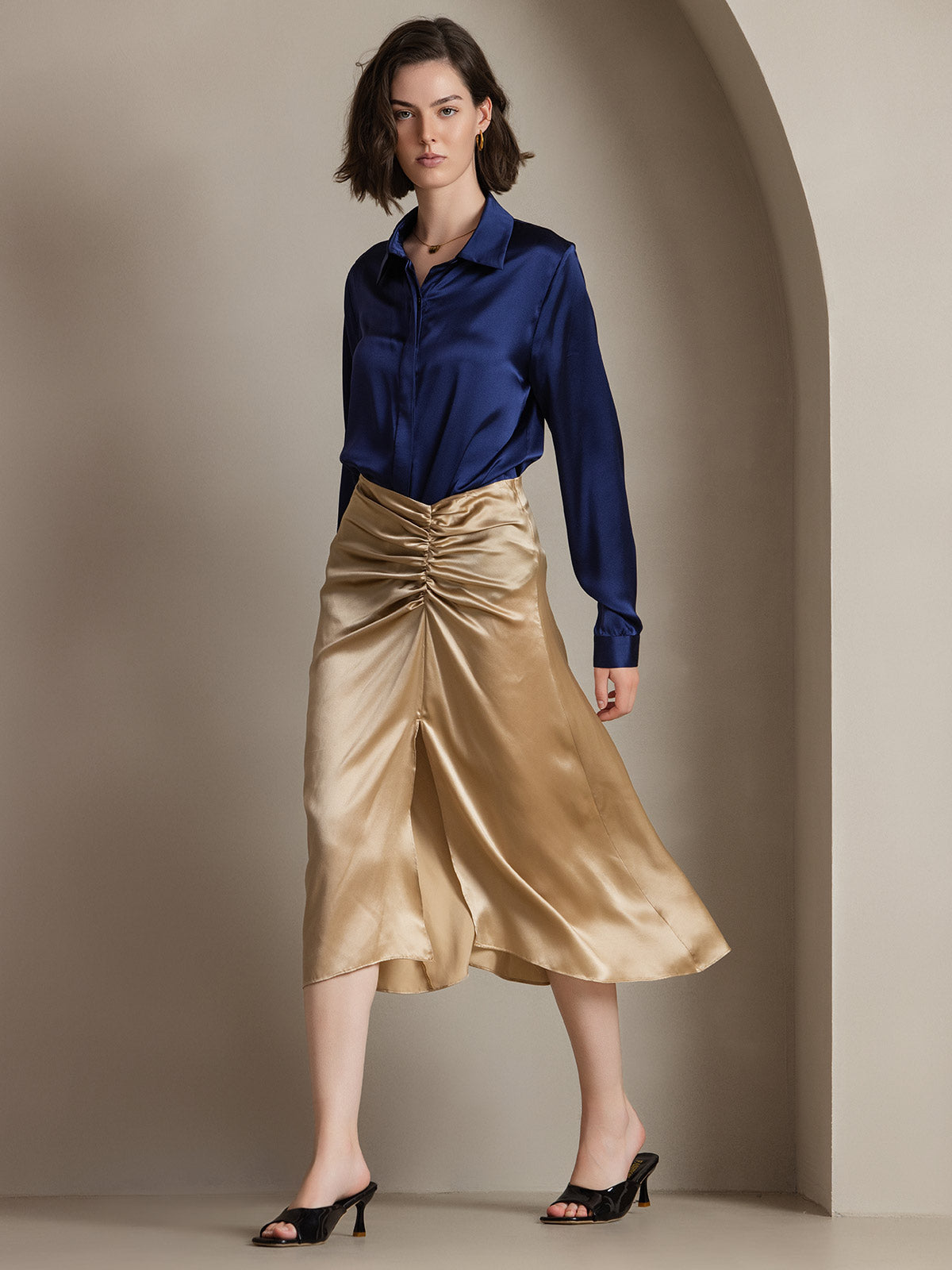 [Dark Blue] SilkSilky  19Momme Silk Lapel Collar Women's Shirt 006